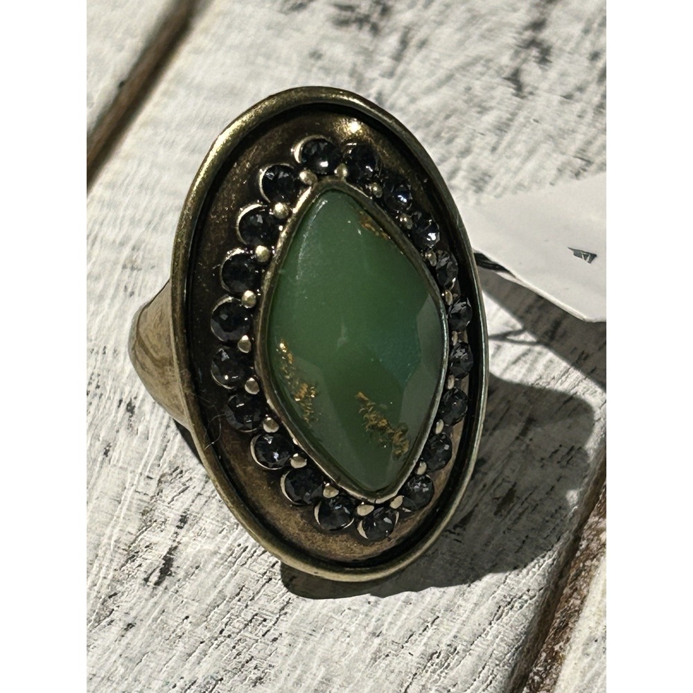 Silpada KR "Botanical" Brass Ring with Green Stone and Crystal Accents Size 6